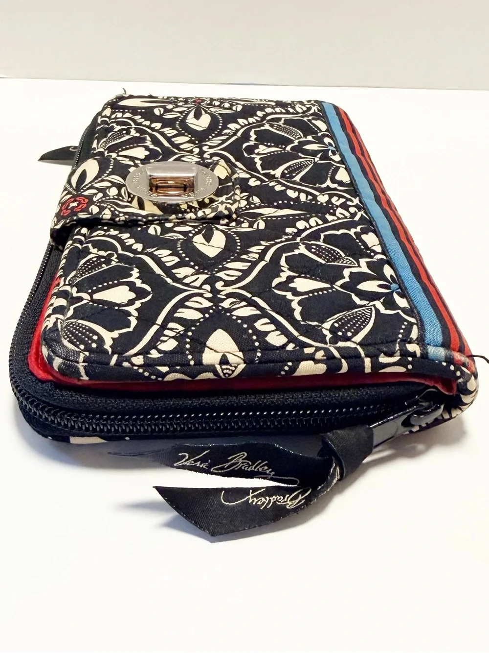 Vera Bradley Black and White Floral Turnlock Wallet with Red & Blue Trim